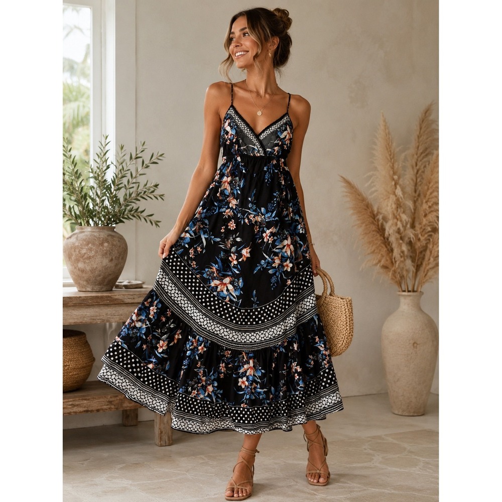 Jealous Tomato Floral High Low Maxi Dress Womens S Black Excellent Boho Summer